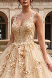 Ball Gown Champagne Floral Appliqued Long Quinceanera Dress