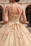 Ball Gown Champagne Floral Appliqued Long Quinceanera Dress