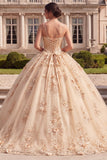 Spaghetti Straps Ball Gown Champagne Floral Long Quinceanera Dress