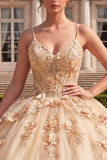 Spaghetti Straps Ball Gown Champagne Floral Long Quinceanera Dress
