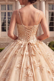 Spaghetti Straps Ball Gown Champagne Floral Long Quinceanera Dress
