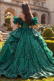 Dark Green Sparkly Ruffled Princess Long Quinceanera Dress