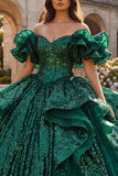 Dark Green Sparkly Ruffled Princess Long Quinceanera Dress