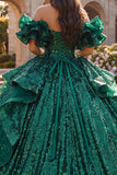 Dark Green Sparkly Ruffled Princess Long Quinceanera Dress