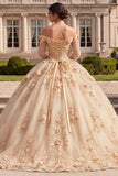 Champagne Floral Ball Gown Long Quinceanera Dress