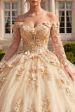 Champagne Floral Ball Gown Long Quinceanera Dress