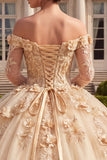 Champagne Floral Ball Gown Long Quinceanera Dress