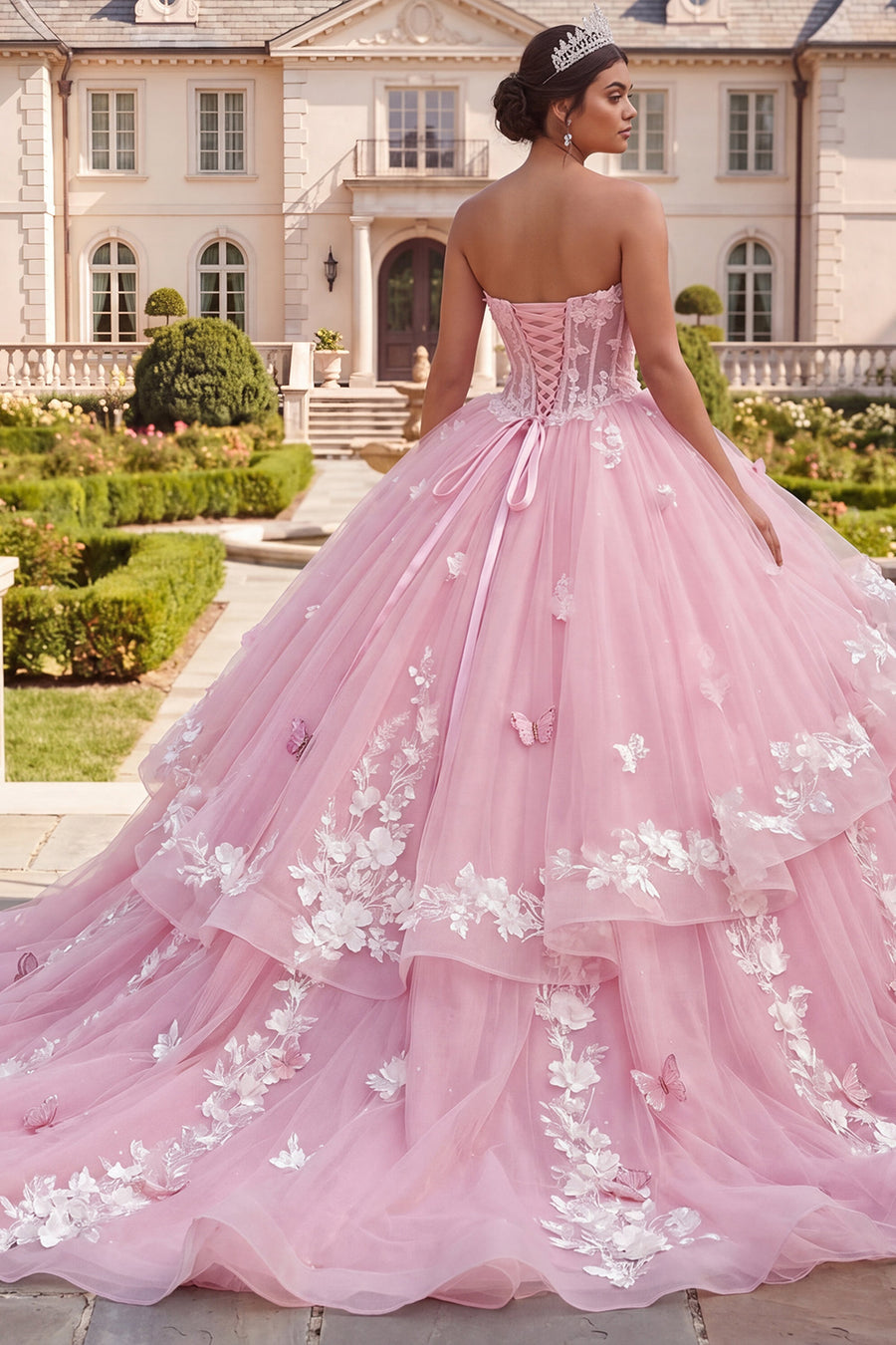 strapless open back dress Strap Quinceanera Dresses V-Neck Flower 15th Party Dress Birthday Gowns   jkprom