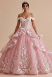 Pink Appliqued Floral Backless Long Quinceanera Dress