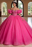 Fuchsia Sparkly Beaded Ball Gown Long Princess Quinceanera Dress