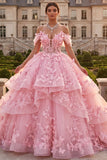 Pink Ball Gown Floral Appliqued Princess Long Quinceanera Dress