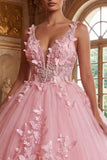 Floral Pink Appliqued Princess Long Quinceanera Dress