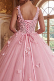 Floral Pink Appliqued Princess Long Quinceanera Dress