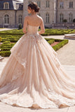 Appliqued Champagne Floral A Line Ball Gown Long Quinceanera Dress