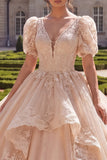 Puff Sleeves Ruffled Ball Gown Champagne Long Quinceanera Dress