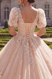 Puff Sleeves Ruffled Ball Gown Champagne Long Quinceanera Dress