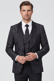 3 Piece Printed Black Shawl Lapel One Button Men's Prom Suits