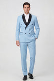 Light Blue 2 Piece Shawl Lapel Double Breasted Men's Prom Suits with Pockets