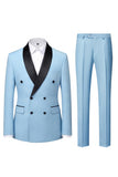 Light Blue 2 Piece Shawl Lapel Double Breasted Men's Prom Suits with Pockets