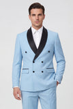 Light Blue 2 Piece Shawl Lapel Double Breasted Men's Prom Suits with Pockets