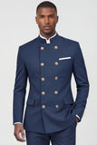 Navy 2 Piece Double Breasted Men's Suits with Pockets