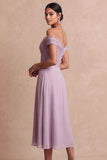 Wisteria A Line Off the Shoulder Draped Midi Wedding Guest Dress