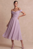 Wisteria A Line Off the Shoulder Draped Midi Wedding Guest Dress