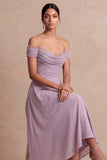 Wisteria A Line Off the Shoulder Draped Midi Wedding Guest Dress
