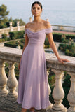 Wisteria A Line Off the Shoulder Draped Midi Wedding Guest Dress
