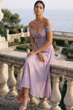Wisteria A Line Off the Shoulder Draped Midi Wedding Guest Dress