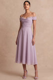 Wisteria A Line Off the Shoulder Draped Midi Wedding Guest Dress