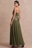 Olive Green Strapless A Line Long Wedding Guest Dress