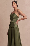Olive Green Strapless A Line Long Wedding Guest Dress