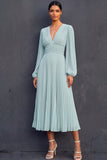 Pleated Mint Green A Line Midi Wedding Guest Dress
