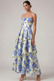 Blue Floral A Line Tiered Long Wedding Guest Dress