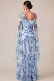 Blue Floral Sheath Long Wedding Guest Dress with Slit