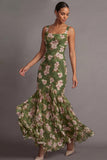 Olive Mermaid Ruffled Floral Wedding Guest Dress