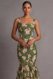 Olive Mermaid Ruffled Floral Wedding Guest Dress