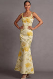 Floral Light Yellow Mermaid Long Wedding Guest Dress