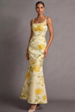 Floral Light Yellow Mermaid Long Wedding Guest Dress