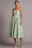 Strapless Dusty Sage Midi A Line Basque Waist Wedding Guest Dress