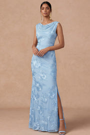 Light Blue Cowl Neck Sheath Embroidered Maxi Wedding Guest Dress with Slit