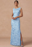 Light Blue Cowl Neck Sheath Embroidered Maxi Wedding Guest Dress with Slit