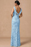 Light Blue Cowl Neck Sheath Embroidered Maxi Wedding Guest Dress with Slit