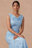 Light Blue Cowl Neck Sheath Embroidered Maxi Wedding Guest Dress with Slit
