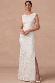 White Cowl Neck Sheath Embroidered Maxi Wedding Reception Dress with Slit