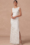 Light Blue Cowl Neck Sheath Embroidered Maxi Wedding Guest Dress with Slit
