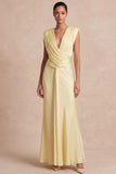 Light Yellow V-Neck Ruched Maxi Wedding Guest Dress with Sash