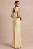 Light Yellow V-Neck Ruched Maxi Wedding Guest Dress with Sash