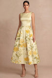Light Yellow Midi Floral Printed A-Line Wedding Guest Dress